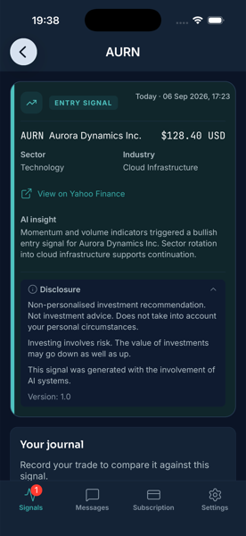 Signal detail screen showing the AI insight and full disclosure block