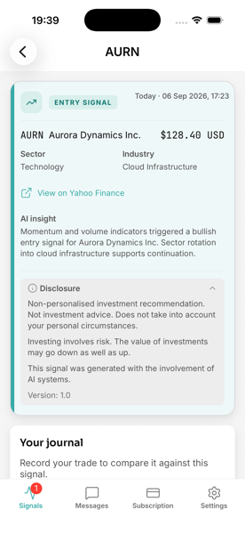 Signal detail screen showing the AI insight and full disclosure block