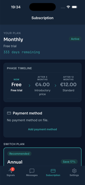 Subscription screen showing the current plan and phase timeline